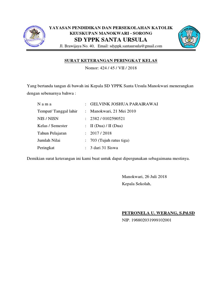 Contoh Surat Keterangan Peringkat Dari Sekolah