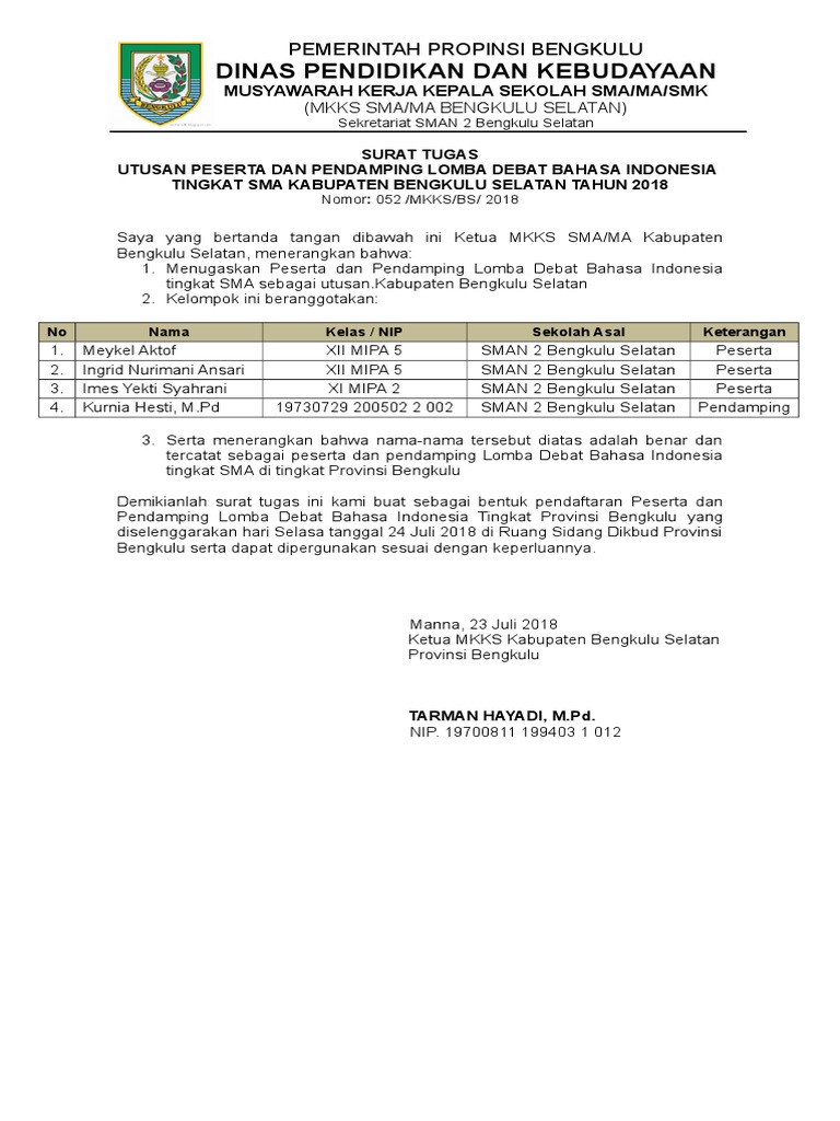 Surat Tugas Bs 2018 Debat Bahasa Indonesia