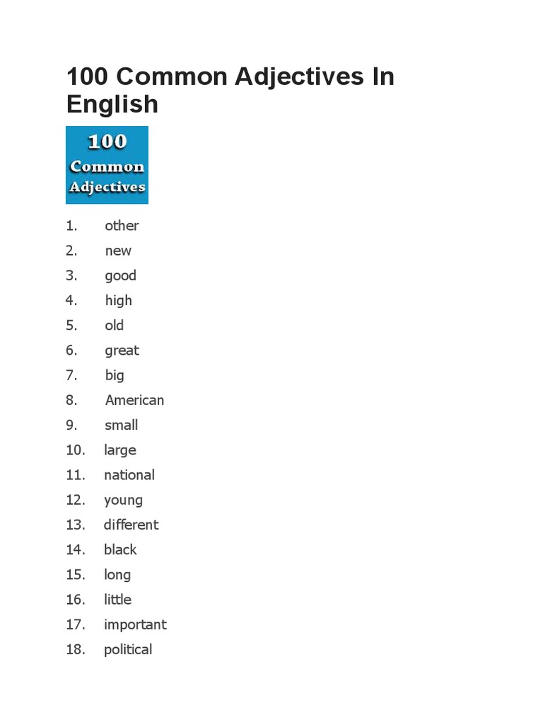 100 Common Adjectives in English | PDF | Verb | Adjective