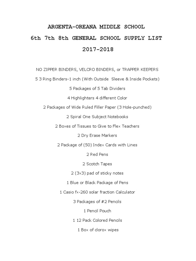 ArgentaOreana Middle School (6,7,8) Supplies List PDF