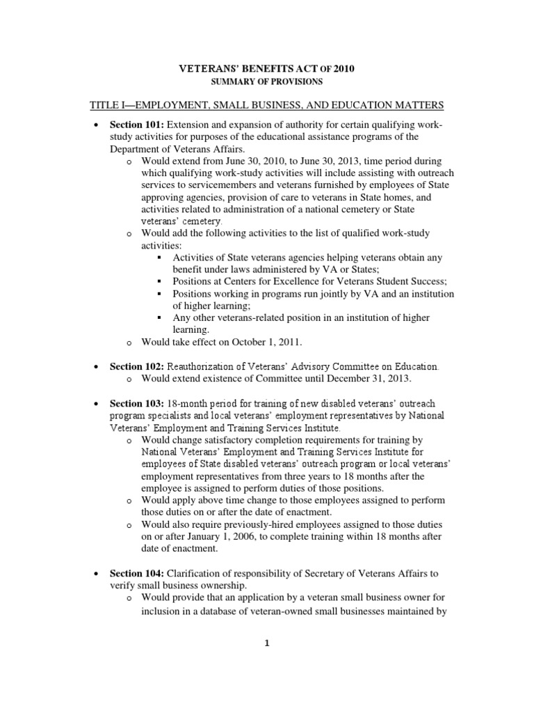 Veterans' Benefits Act of 2010 Final Summary PDF United States