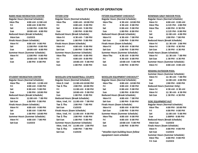 Facility Hours of Operation | PDF | Sports | Leisure