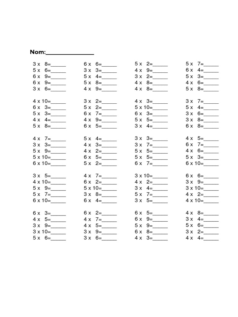 Fiches d'exercices sur les tables de multiplication