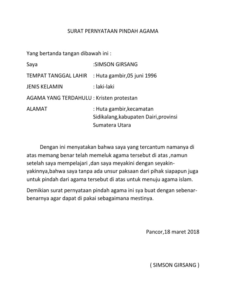 Surat Pernyataan Dah Agama