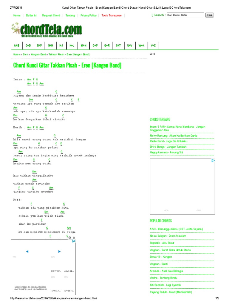 Kunci Gitar Takkan Pisah Eren Kangen Band Chord Dasar Kunci Gitar Lirik Lagu C Chordtela Com