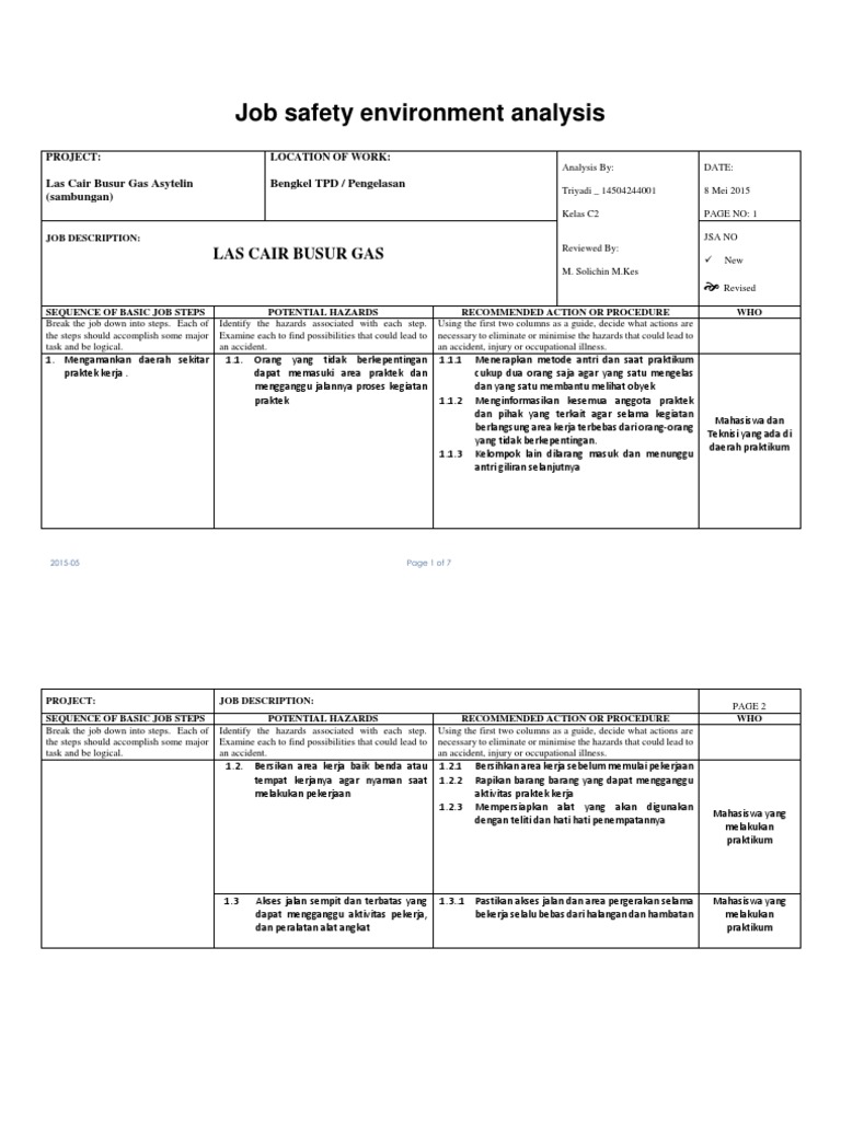 Job Safety Environment Analysis Las Cair Busur Gas PDF