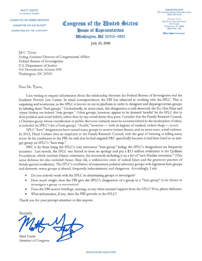 7-23-18 Letter to FBI Congressional Affairs Re FBI Relationship With SPLC