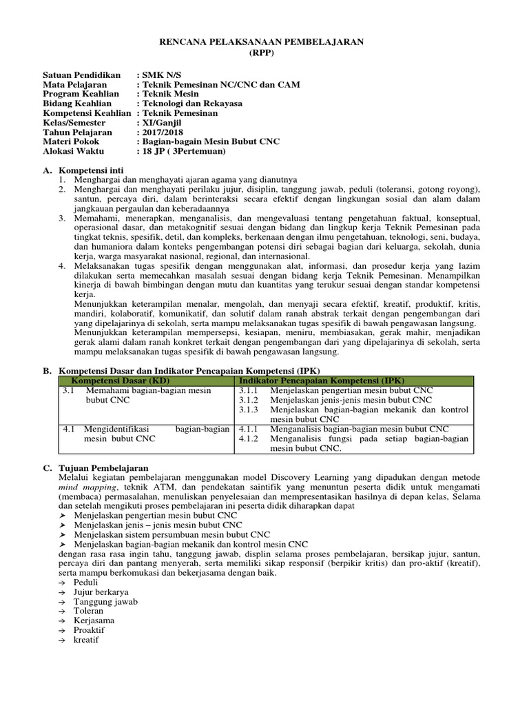 Contoh RPP SMK T Pemesinan CNC 11 | PDF | Karier & Perkembangan | Seni