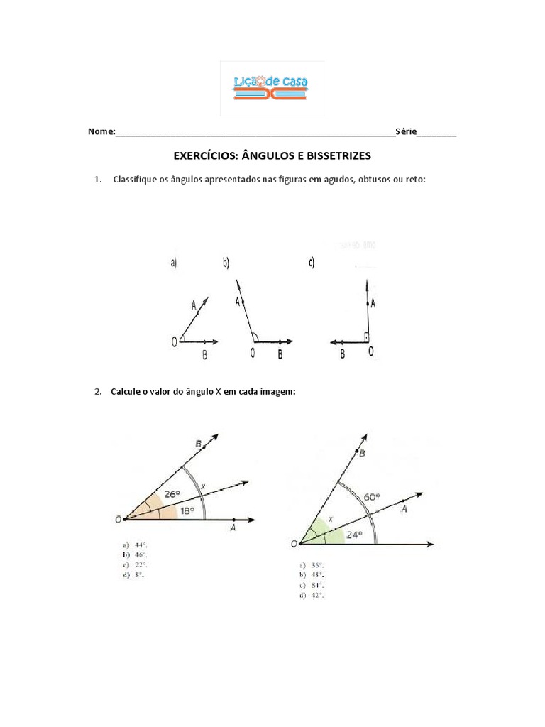 Exercícios - Ângulos e Bissetrizes | PDF | Ensino de Matemática