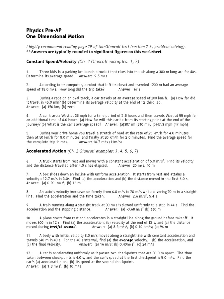 1d Worksheet Acceleration Velocity
