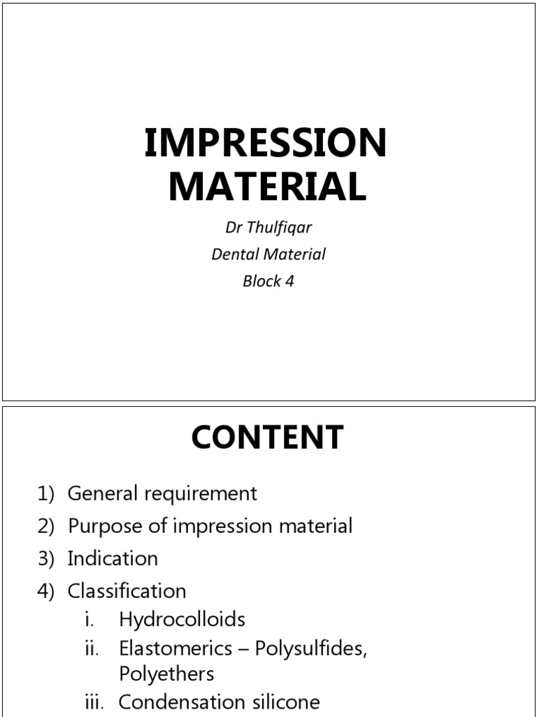 Impression Materials in Dentistry Guide | PDF | Chemistry | Materials