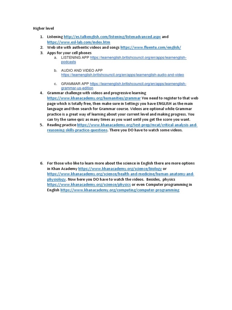 Advanced English Learning Resources | PDF