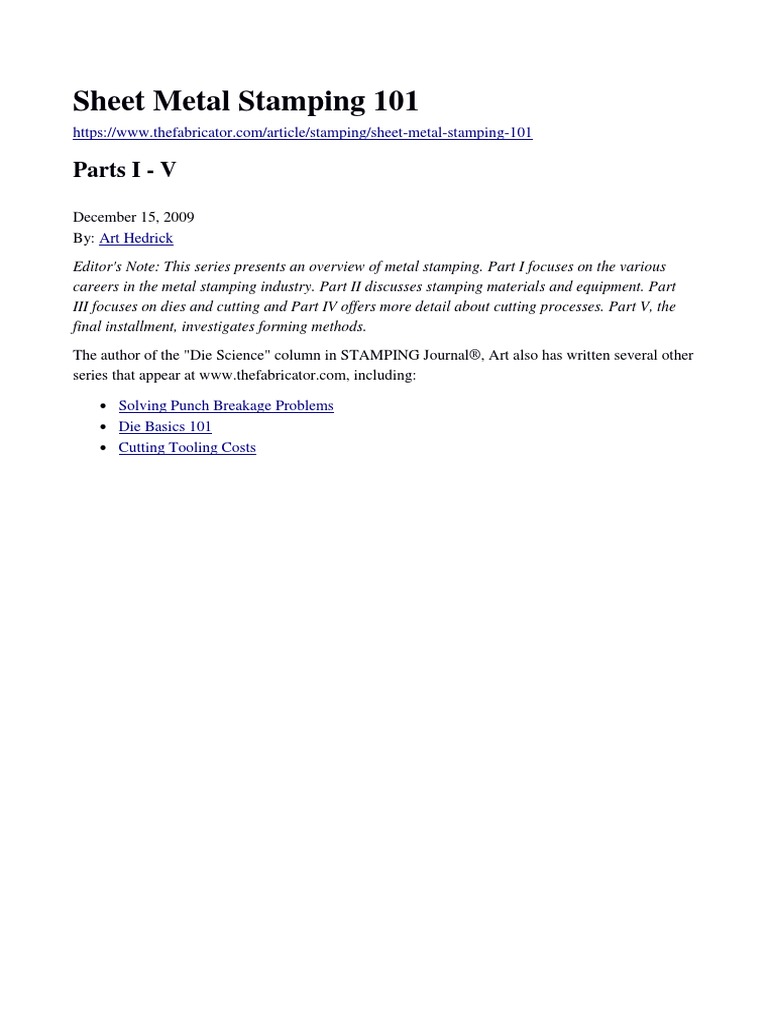 Sheet Metal Stamping 101 Art Hedrick PDF Sheet Metal Metalworking