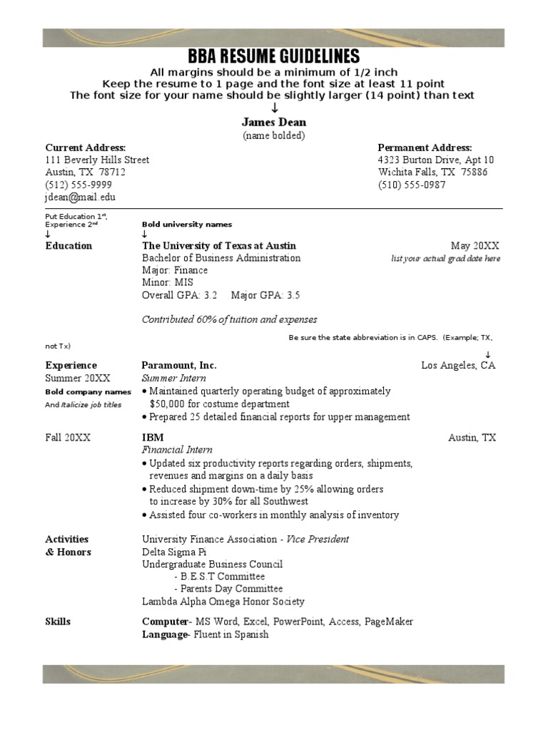 bba sample resume with directions