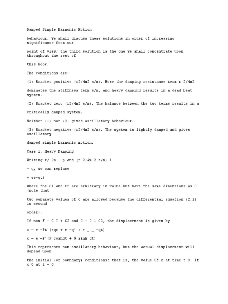 Damped Simple Harmonic Motion Pdf Theoretical Physics