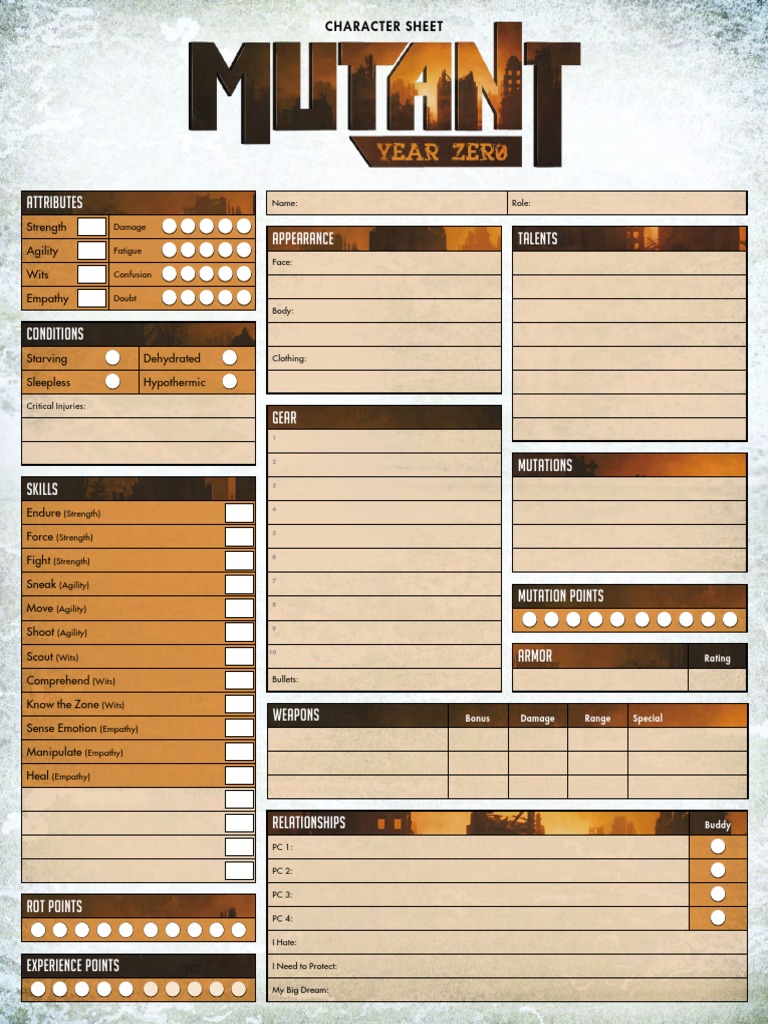 Mutant Year Zero - Character Sheet PDF | PDF | Role Playing Games | Gaming
