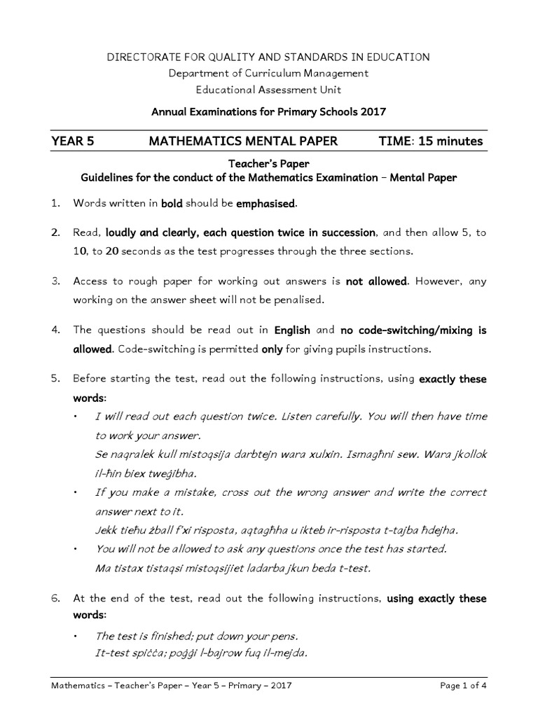 Guidelines for Year 5 Math Exam | PDF | Behavior Modification ...