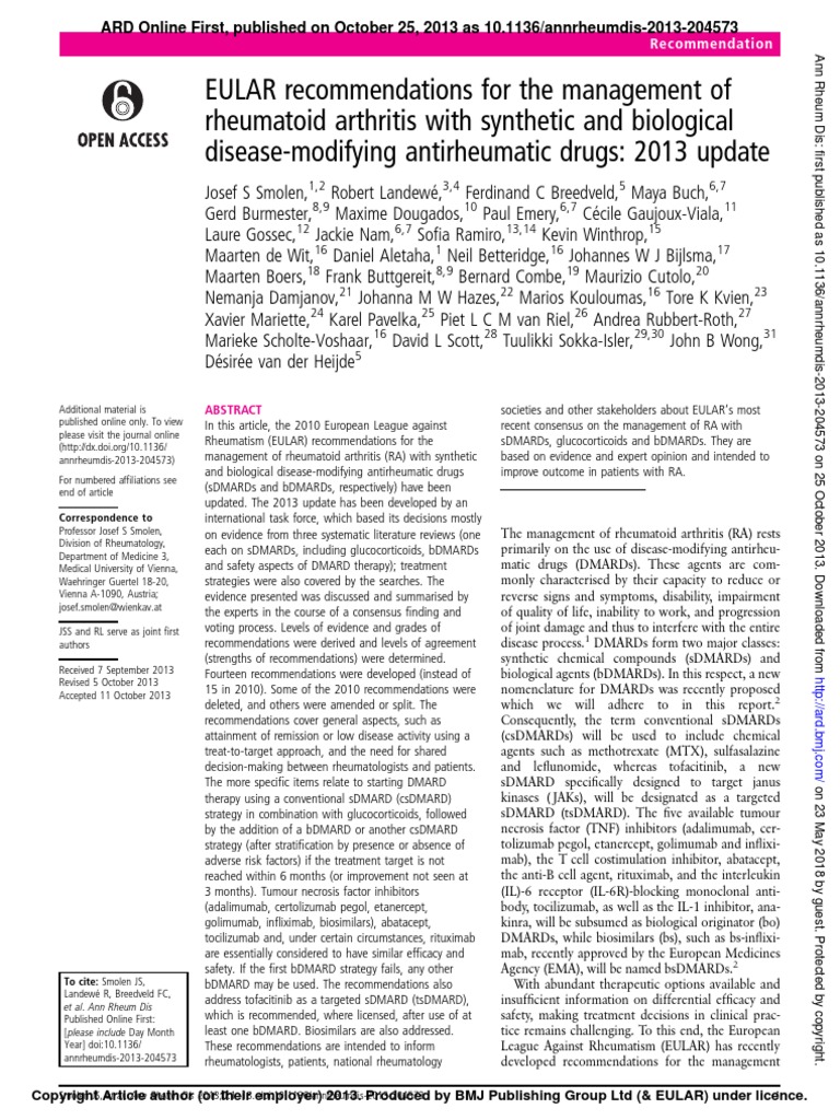 EULAR Recommendations For The Management of Rheumatoid Arthritis With ...