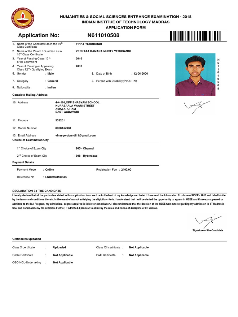 IIT Madras HSEE 2018 Application Form | PDF | Behavior Modification