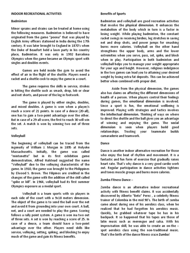 Indoor Recreational Activities Overview | PDF | Compass | Volleyball