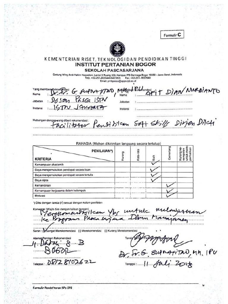 Contoh Surat Rekomendasi Dosen Untuk Masuk Ipb Pdf