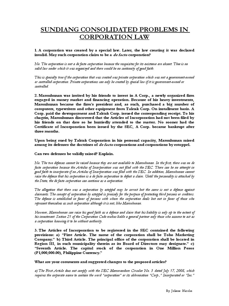 Issues in Philippine Corporation Law | PDF | Corporations | Stocks