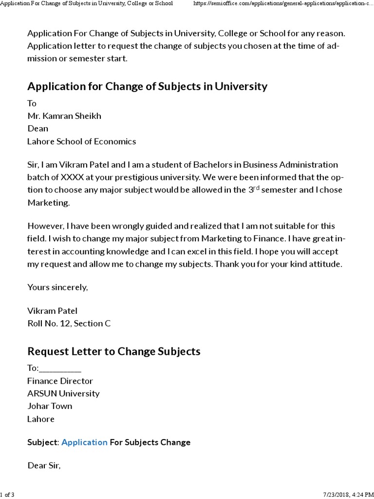 application letter to teacher for change of subject