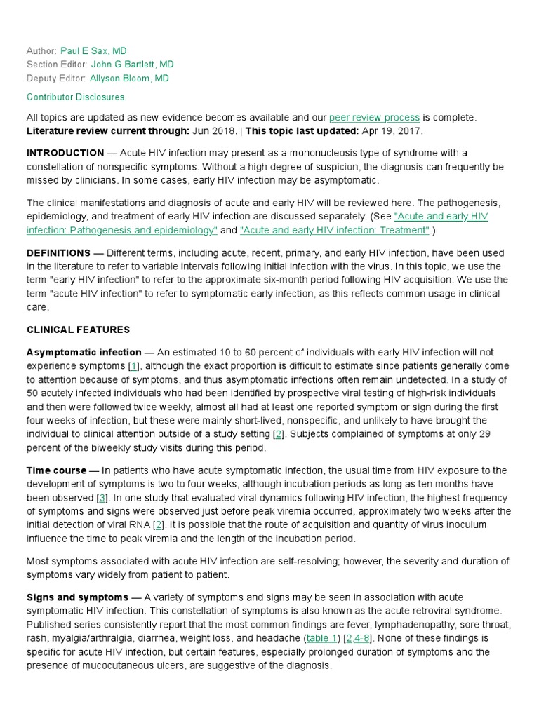 Acute and Early HIV Infection Clinical Manifestations and Diagnosis ...