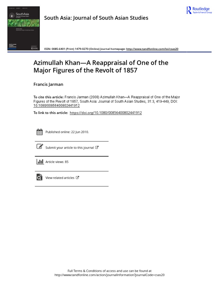 Azimullah Khan: Key Figure of 1857 Revolt | PDF | Indian Rebellion Of 1857