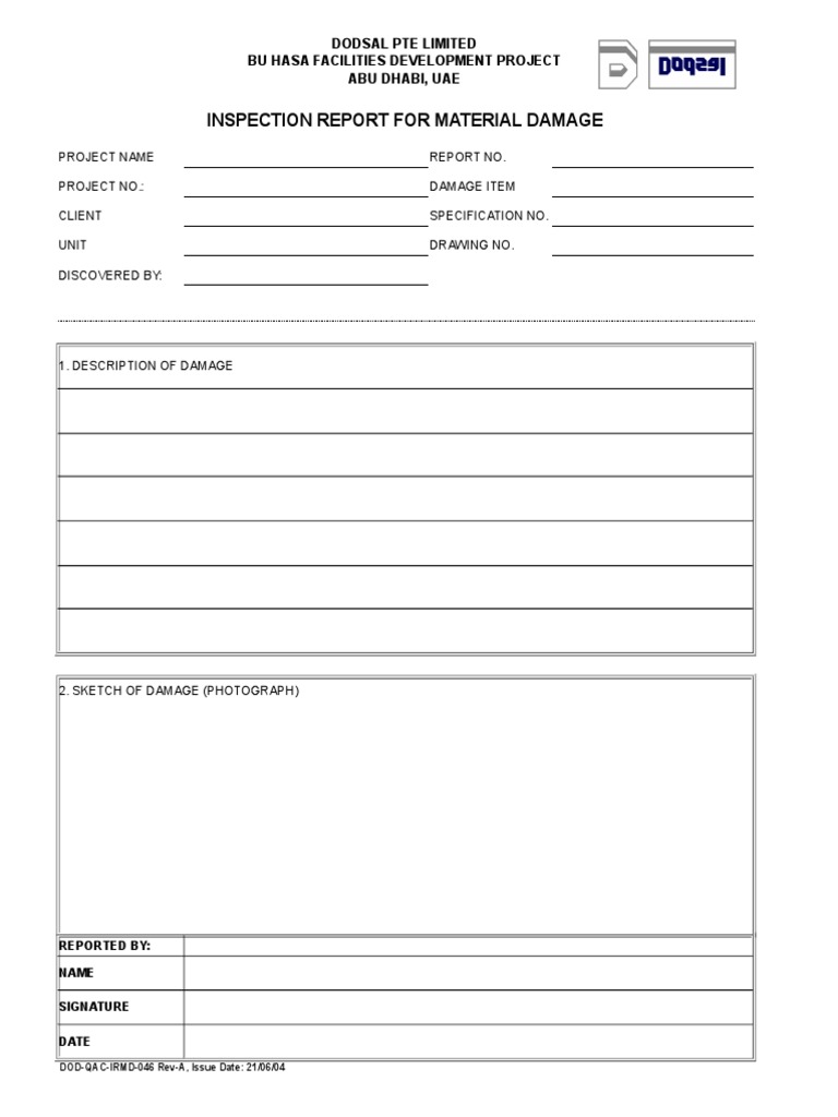 Damage Inspection Report for Dodsals Project | PDF