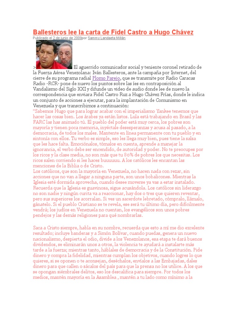 Ballesteros Lee La Carta de Fidel Castro A Hugo PDF Hugo Chavez