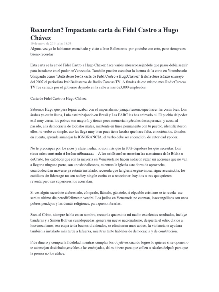 Carta de Castro a Hugo Chavez Hugo Chavez Fidel Castro