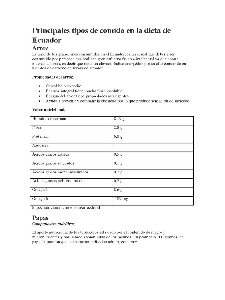 Alimentos en La Dieta de Ecuador | PDF | Nutrición | Dieta y nutrición