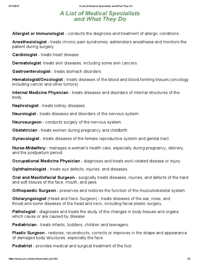A List of Medical Specialists and What They Do PDF Surgery Medical Diagnosis
