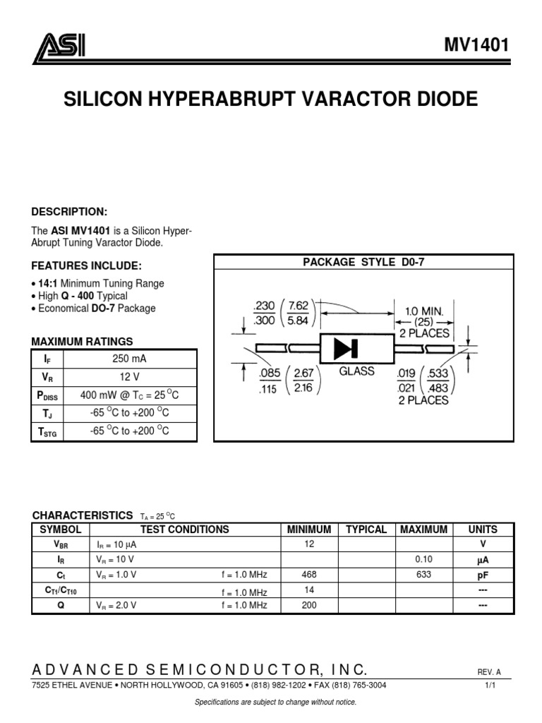 Silicon Hyperabrupt Varactor Diode Description ASI MV1401 PDF