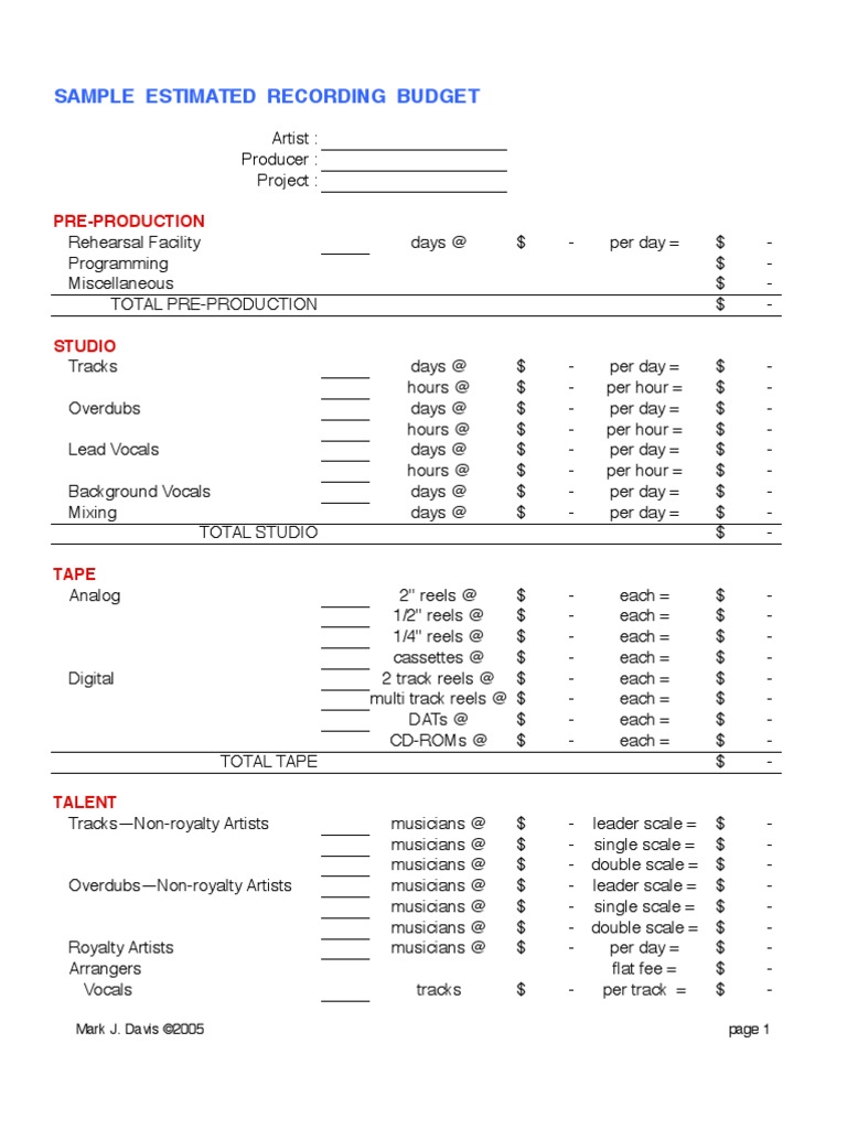 Recording Budget Sheet Sound Production Technology Sound Production