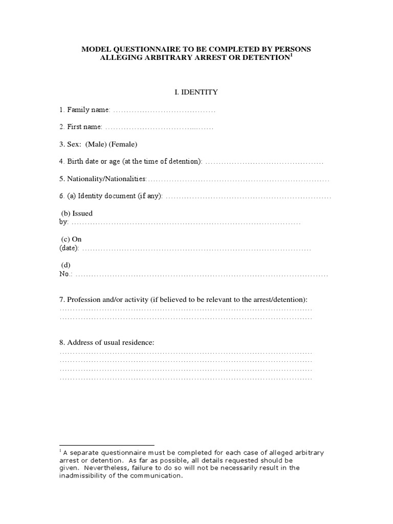 Model Questionnaire To Be Completed by Persons Alleging Arbitrary ...
