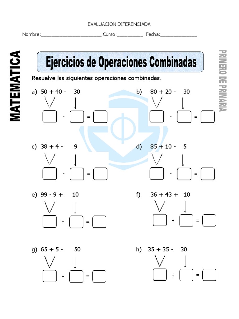 Ficha de Ejercicios de Operaciones Combinadas para Primero de Primaria ...
