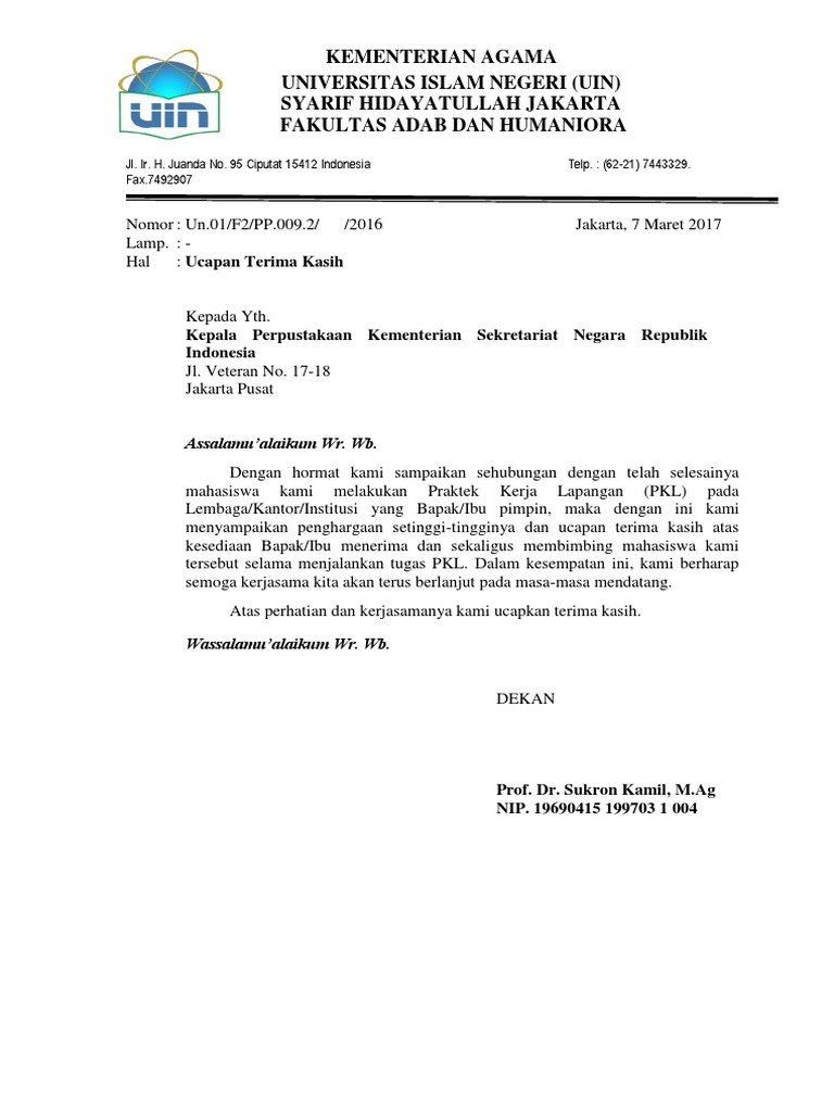 Surat Ucapan Terima Kasih Pkl