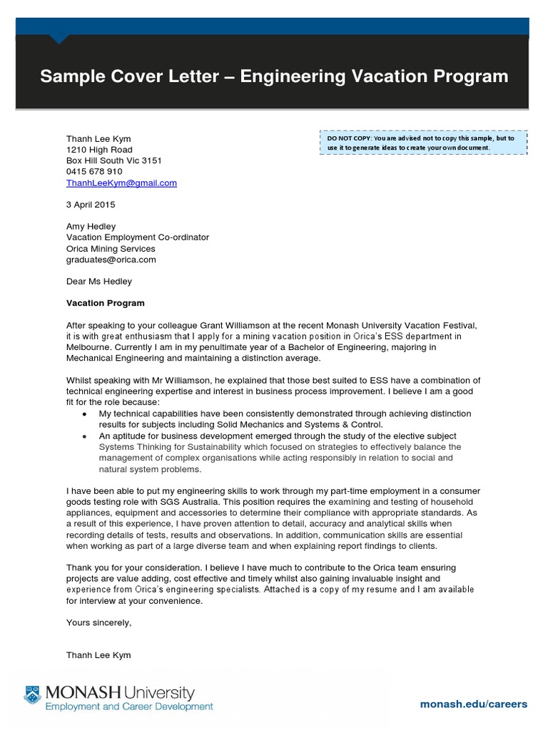 Engineering Vacation Cover Letter Pdf Engineering Mining