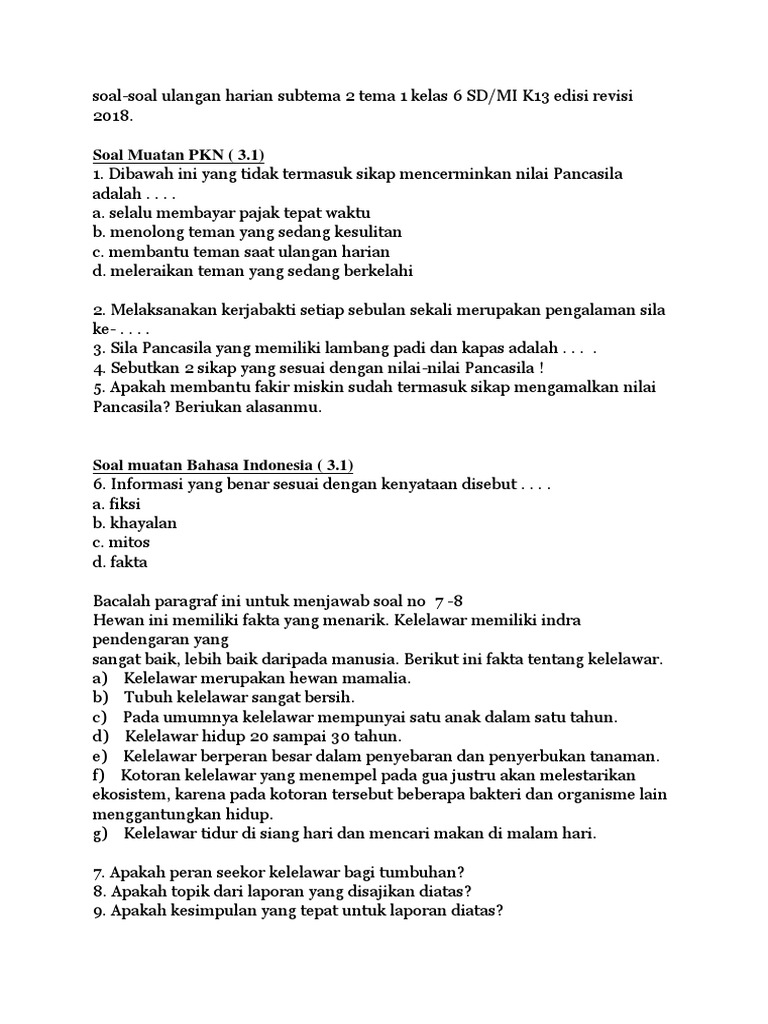 Soal Pkn Kelas 6 Tentang Nilai Nilai Pancasila Guru Galeri