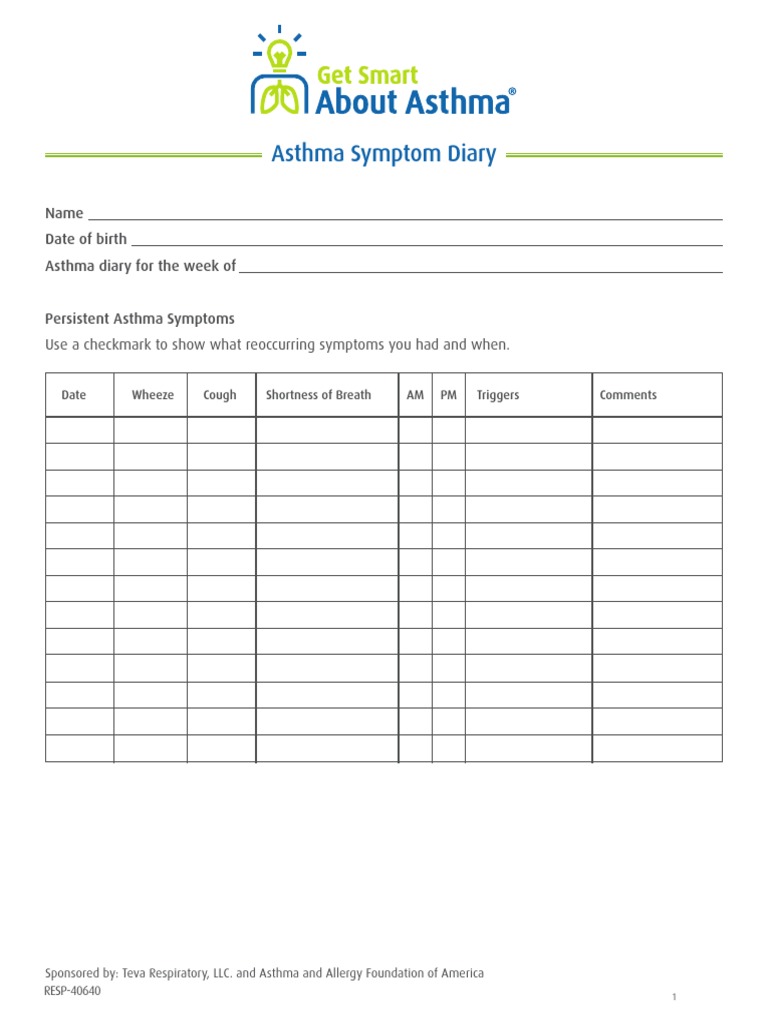 Asthma Symptom Diary Name Date of Birth Asthma Diary For The Week of PDF