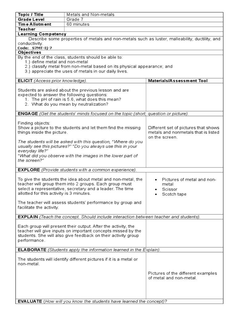 Lesson Plan 7e's - Metals and Non-Metals | PDF | Teachers | Metals
