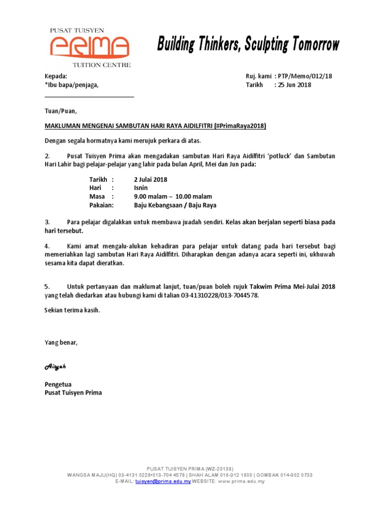 Memo Sambutan Hari Raya Prima Sha Pdf