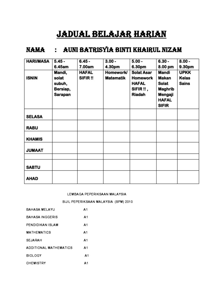 Jadual Belajar Anak Di Rumah Pdf