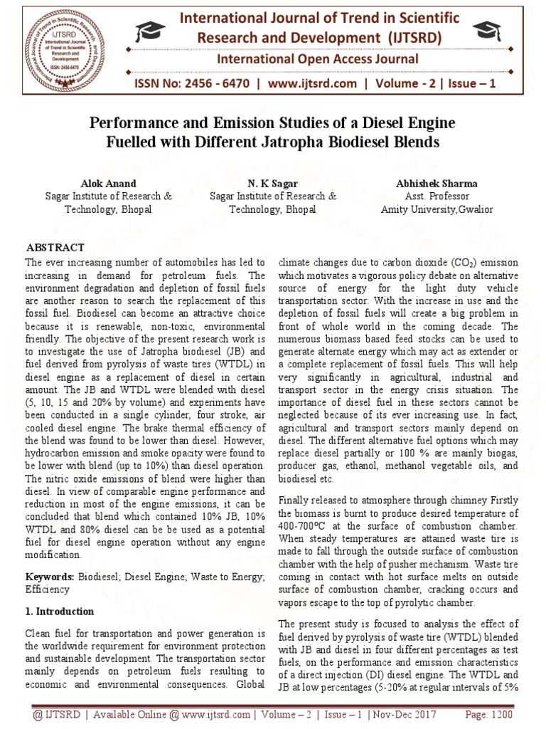 Performance and Emission Studies of A Diesel Engine Fuelled With ...