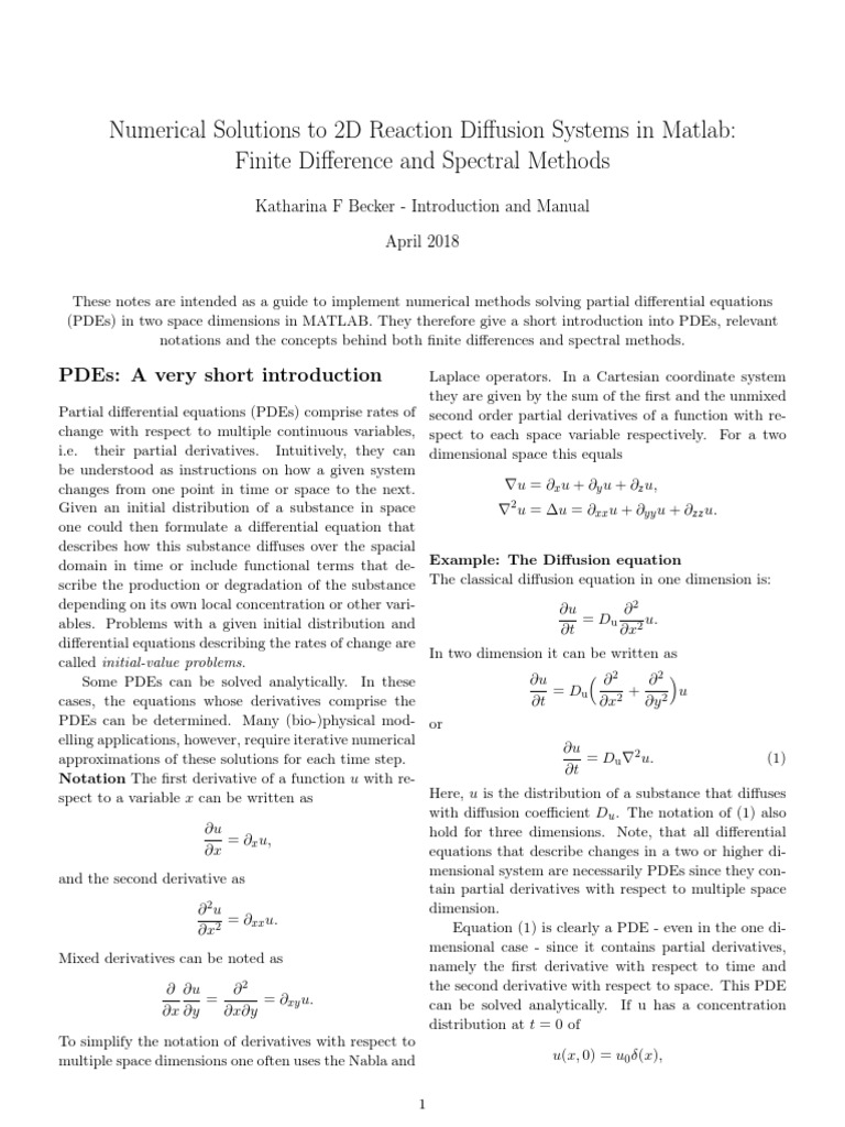 Numerical Solutions To 2D Reaction Diffusion Systems in Matlab: Finite ...