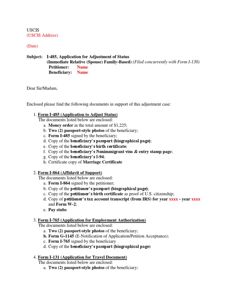 sample cover letter for form i 485