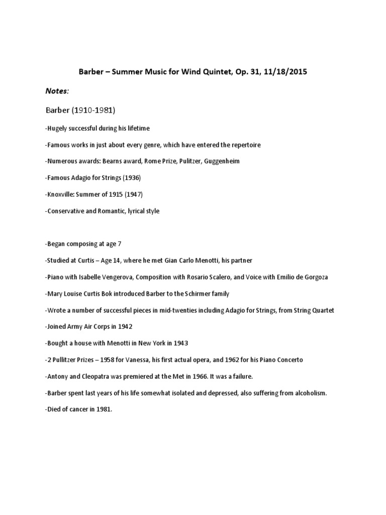 Barber Summer Music Notes | PDF | Classical Compositions | Musical ...