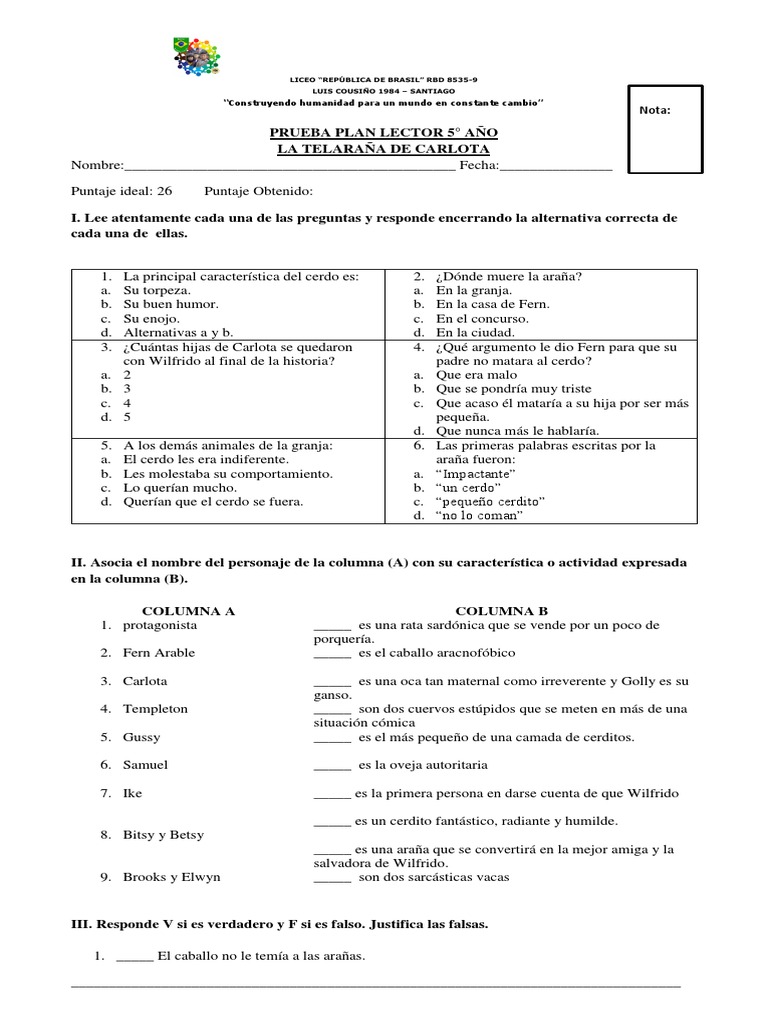 Prueba 5to La Telaraña de Carlota | PDF | Ocio, image size:768x1024